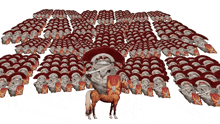 a cat holding a shield stands in front of a large army of roman helmets
