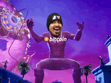 a man with a beard and a hat is standing in front of a purple background that says bitcoin