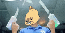 a man in a blue shirt is holding two knives in front of a cartoon face .