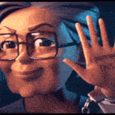 a cartoon character with glasses and blue hair has a tattoo on her hand that says i know this