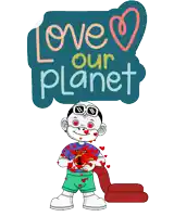 a sticker that says love our planet with a monkey surrounded by hearts