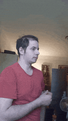 a man in a red shirt is standing in front of a fridge