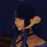 a woman with long blue hair drinks from a white cup