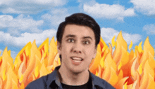 a man stands in front of a field of flames with a blue sky in the background