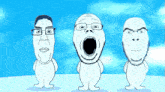 three cartoon characters are standing next to each other with one having glasses