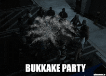 a bunch of people are gathered in a circle with the words bukkake party written on the bottom