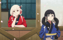 two anime girls are looking out of a window with petals falling