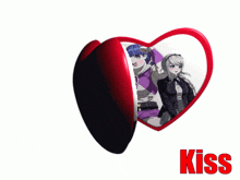 a couple of hearts with the word kiss in red