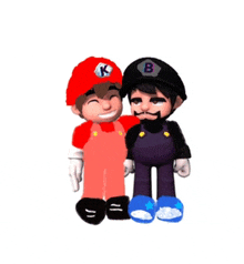 a couple of cartoon characters standing next to each other .