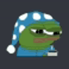 a green frog wearing a blue polka dot hat and pajamas is smoking a cigarette .
