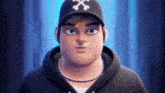 a close up of a cartoon character wearing a hat and necklace .