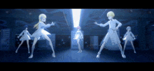 a group of anime girls in white dresses are dancing in a dark room