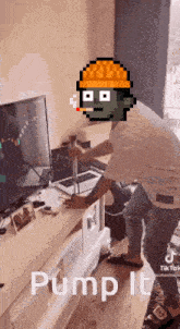 a pixel art of a man standing in front of a tv with the words pump it .