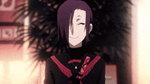 a purple haired anime character is smiling and wearing a black turtleneck