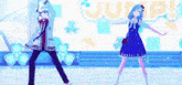 a boy and a girl are dancing on a stage in front of a sign that says jump .