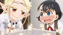 a girl with a crown on her head is standing next to another girl with a surprised look on her face