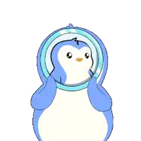 a blue and white penguin is looking at itself in the mirror