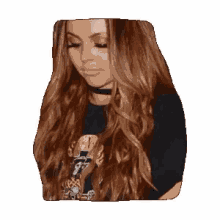 a woman with long brown hair is wearing a black t-shirt and a choker .