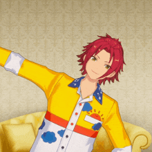 a boy with red hair is wearing a yellow shirt