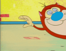 a cartoon cat with a blue nose is looking at a pink ball