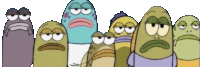 a group of cartoon characters with sad faces are standing next to each other .