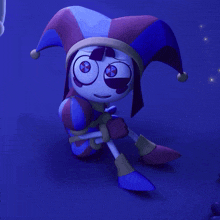 a cartoon character wearing a jester hat is sitting in a dark room