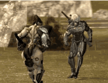 two robots are standing in a field and one has a sword on his back