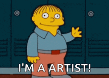 a cartoon character says i 'm a artist in front of lockers