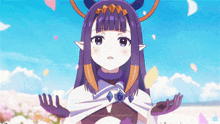 a purple haired anime character with the words " do you wanna smile feeling free "