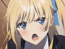 a close up of a blonde anime girl with blue eyes and a surprised look on her face