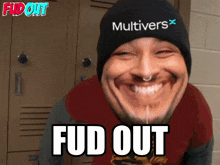 a man wearing a hat that says multivers on it is making a funny face