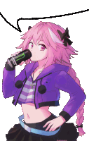 a girl with pink hair is drinking from a monster energy drink