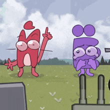 a red and purple cartoon character are standing next to each other in a field