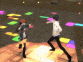 a man and a woman are dancing on a brick floor
