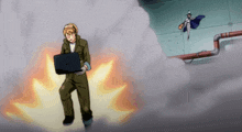 a man in a military uniform is holding a laptop in front of a huge explosion
