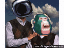 a man with a helmet on his head and a monkey on his face