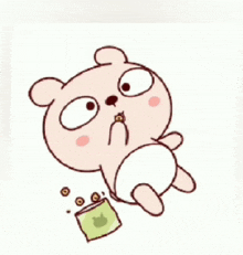 a cartoon bear in a diaper is holding a bag of chips