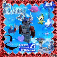 a picture that says good morning with a robot and hearts