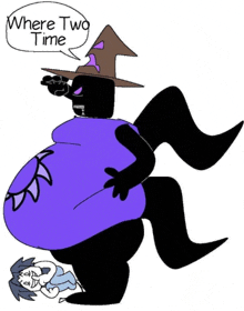 a cartoon of a witch with a big belly holding a little girl .