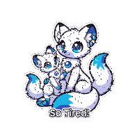 a sticker of two white foxes with the words so tired on it