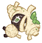 a cartoon drawing of a mummy cookie with a green leaf on it 's head .
