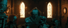 a group of clowns are in a dark room with a clock on the wall