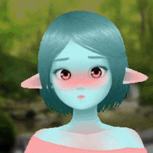 a cartoon girl with blue hair and red eyes