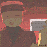 a cartoon drawing of a man holding a stack of papers with the word actnoid at the bottom