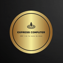 a gold circle with express computer 100 % de la mano de dios written inside
