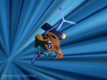 a cartoon bear is riding a bike with a propeller on its back