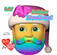 a cartoon of a man with a rainbow colored beard wearing a santa hat that says gay af holiday hookup