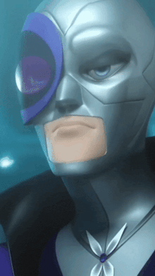 a close up of a superhero 's face with a necklace around his neck