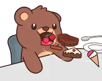 a cartoon of a teddy bear eating a strawberry and a cake