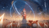 a girl with a sword is standing in the grass